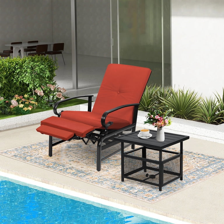 2 piece patio set with umbrella SUNCROWN Outdoor Patio Recliner and Metal Table Set, Adjustable Chair, Red