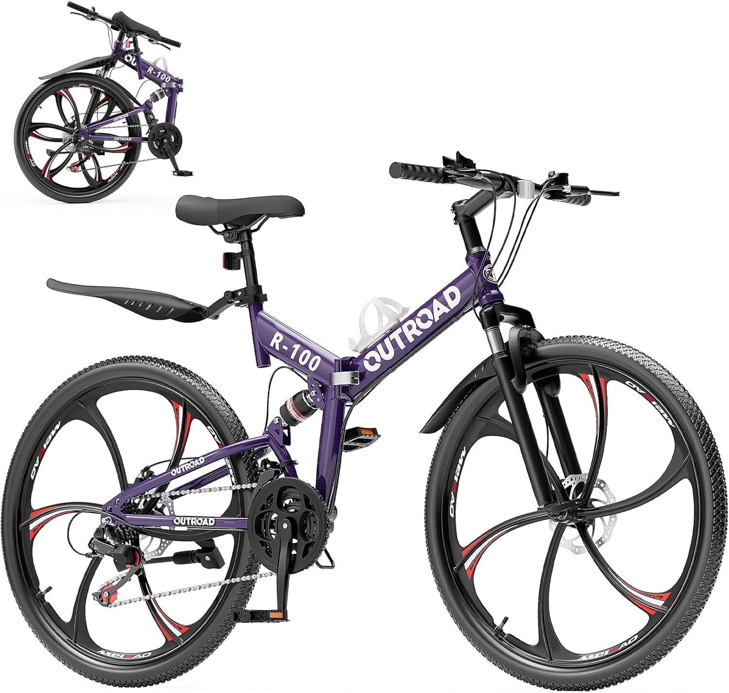 SUNCROWN 26 Inch Folding Mountain Bike, 21 Speed Full Suspension High-Carbon Steel MTB Foldable Bicycle, Dual Disc Brake Non-Slip Folding Bikes for Adults/Men/Women
