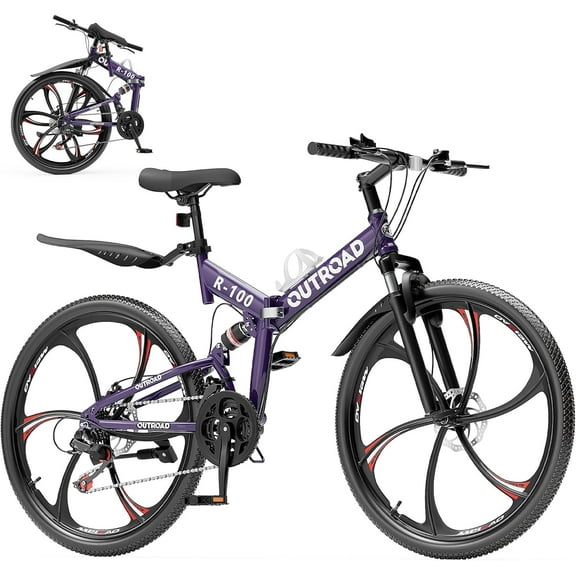 SUNCROWN 26 Inch Folding Mountain Bike, 21 Speed Full Suspension High-Carbon Steel MTB Foldable Bicycle, Dual Disc Brake Non-Slip Folding Bikes for Adults/Men/Women