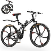 SUNCROWN 26 Inch Folding Mountain Bike, 21 Speed Full Suspension High-Carbon Steel MTB Foldable Bicycle, Dual Disc Brake Non-Slip Folding Bikes for Adults/Men/Women, Black