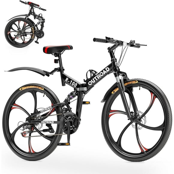 SUNCROWN 26 Inch Folding Mountain Bike, 21 Speed Full Suspension High-Carbon Steel MTB Foldable Bicycle, Dual Disc Brake Non-Slip Folding Bikes for Adults/Men/Women, Black