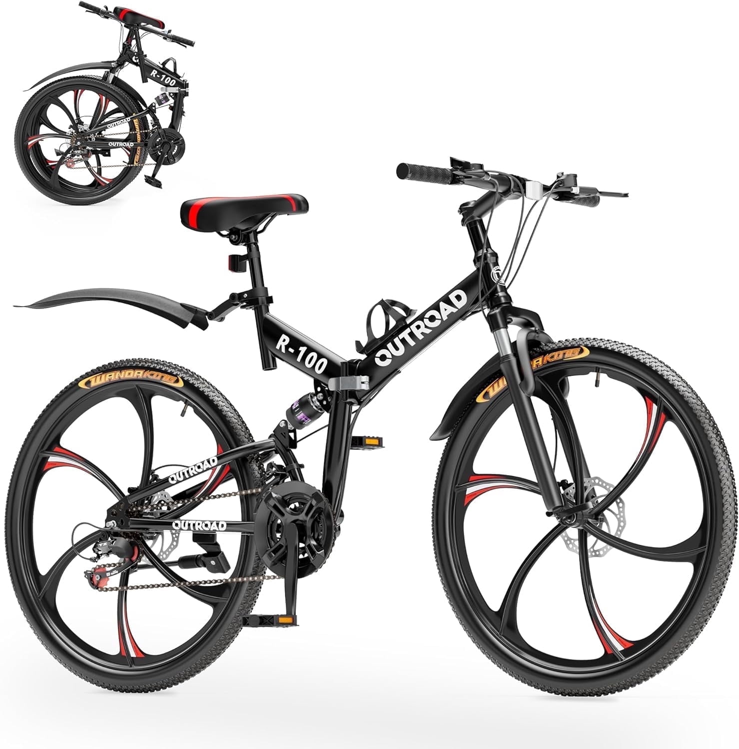 SUNCROWN 26 Inch Folding Mountain Bike, 21 Speed Full Suspension High-Carbon Steel MTB Foldable Bicycle, Dual Disc Brake Non-Slip Folding Bikes for Adults/Men/Women, Black