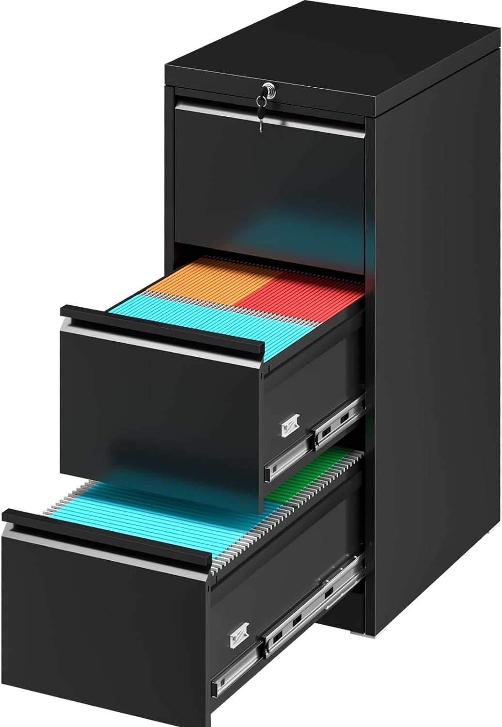 SUNCROWN 3 Drawer File Black Metal Filing with Lock