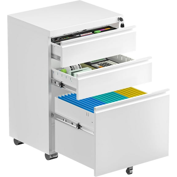 SUNCROWN 3 Drawer File Cabinet, Metal Filing Cabinets for Home Office with Lock Wheels, Small Mobile File Cabinets for A4/Legal/Letter File, Printer Stand, Under Desk Mobile File Cabinet(White)