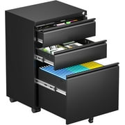 SUNCROWN 3 Drawer File Cabinet, Metal Filing Cabinets for Home Office with Lock Wheels, Small Mobile File Cabinets for A4/Legal/Letter File, Printer Stand, Under Desk Mobile File CabinetBlack