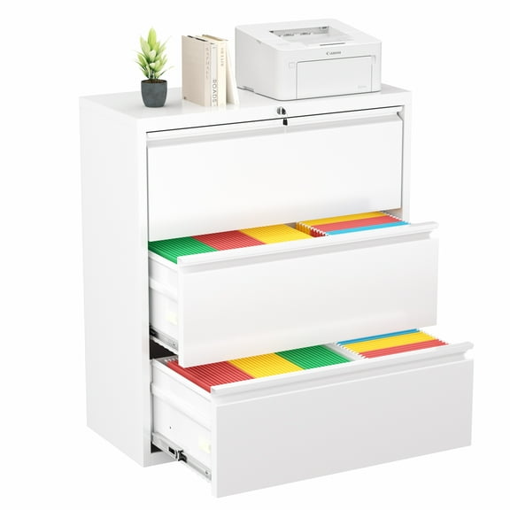 SUNCROWN 3 Drawer Lateral Metal File Cabinet with Lock for Legal/Letter A4 Size, White