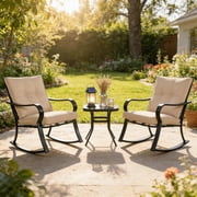 SUNCROWN 3-Piece Outdoor Patio Bistro Set Black Metal Rocking Chairs and Table with Brown Cushions