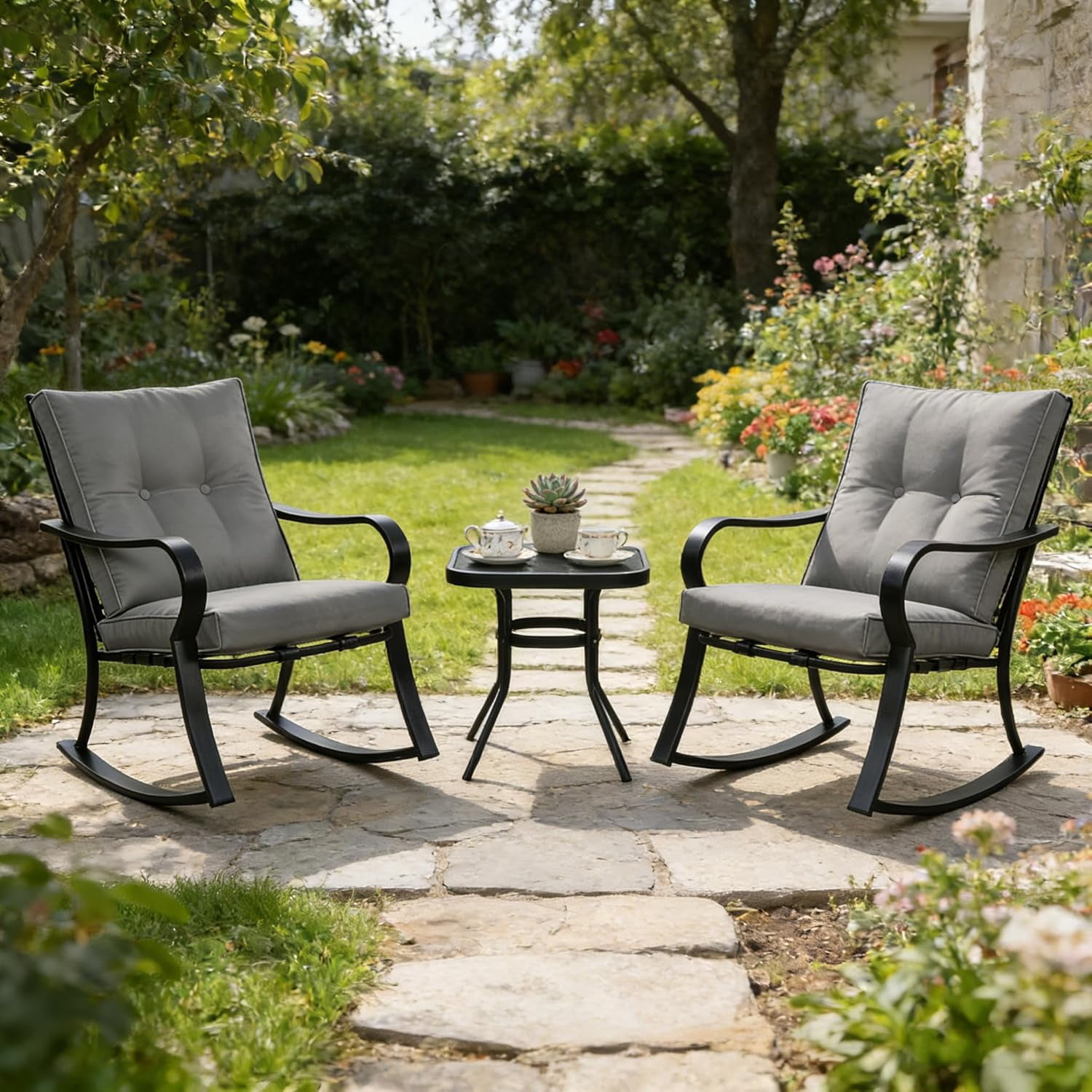 SUNCROWN 3-Piece Outdoor Patio Bistro Set Black Metal Rocking Chairs and Table with Gray Cushions