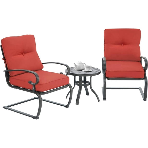 SUNCROWN 3-Piece Outdoor Patio Bistro Set, Spring Motion Chairs and Bistro Round Table Set, Steel Frame Conversation Furniture Set with Cushions(Red)