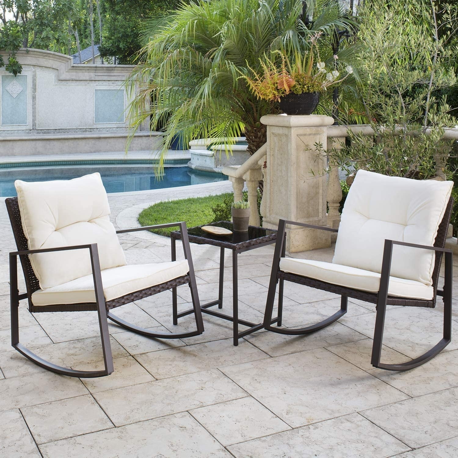Beige Cushioned Brown Wicker Outdoor Rocking Chair Set with Glass Table