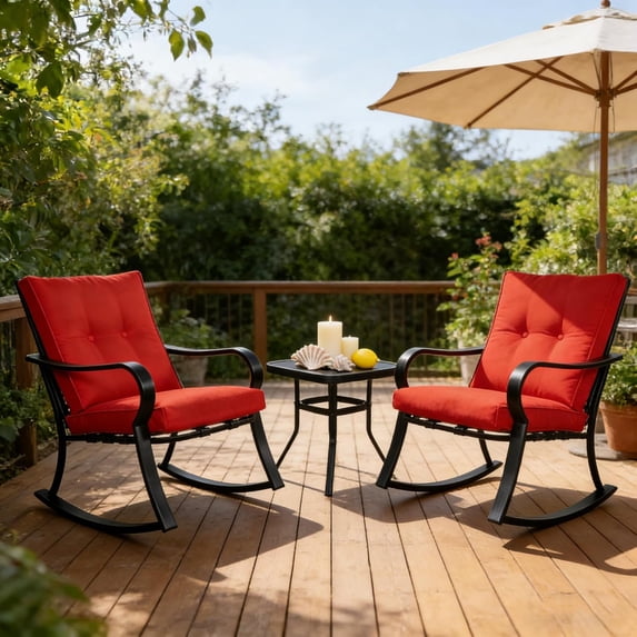 SUNCROWN 3-Piece Outdoor Patio Furniture Black Metal Set with Chairs Set of 2 and Glass-Top Table, Red