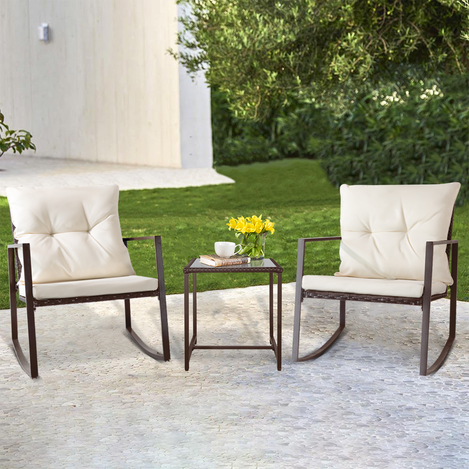 SUNCROWN 3-Piece Outdoor Patio Furniture Sets Brown Wicker Bistro Rocking Chairs and Table Set - Beige - image 1 of 6