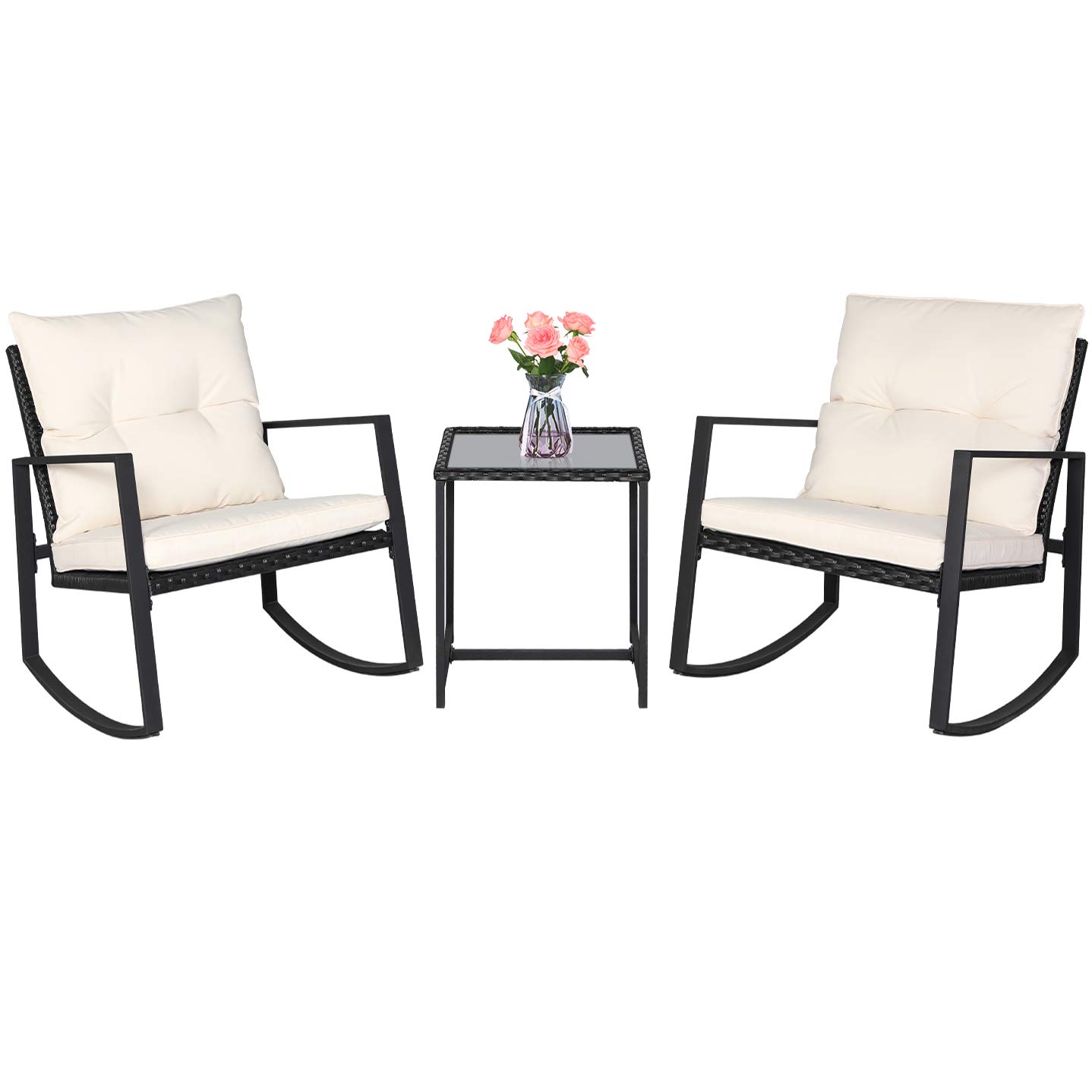 SUNCROWN 3-Piece Outdoor Patio Wicker Bistro Rocking Chair Set - Two Chairs with Glass Coffee Table (Beige-White Cushion) Black - image 1 of 7