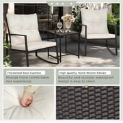 SUNCROWN 3 Piece Outdoor Rocking Bistro Set Black Wicker Furniture Porch Chairs Conversation Sets with Glass Coffee Table, Beige
