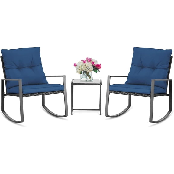 SUNCROWN 3 Piece Outdoor Rocking Bistro Set Black Wicker Furniture Porch Chairs Conversation Sets with Glass Coffee Table, Dark Blue