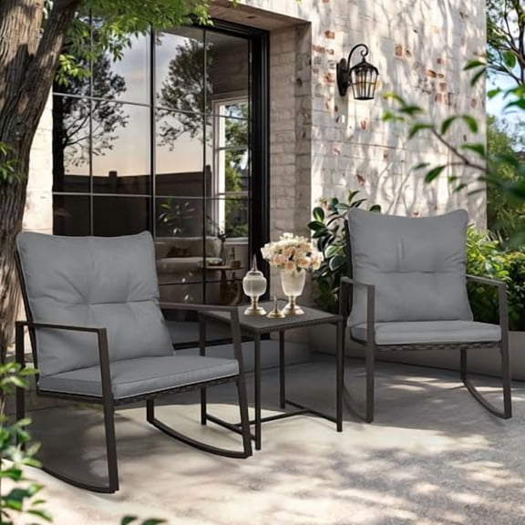 SUNCROWN 3 Piece Outdoor Rocking Bistro Set Black Wicker Furniture Porch Chairs Conversation Sets with Glass Coffee Table, Dark Grey