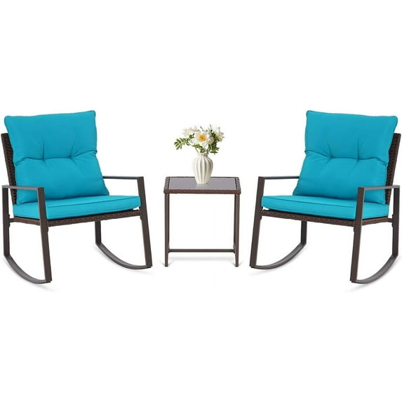 SUNCROWN 3 Piece Outdoor Rocking Bistro Set Black Wicker Furniture Porch Chairs Conversation Sets with Glass Coffee Table, Light Blue