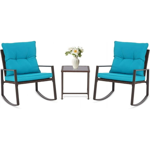 SUNCROWN 3 Piece Outdoor Rocking Bistro Set Black Wicker Furniture Porch Chairs Conversation Sets with Glass Coffee Table, Light Blue