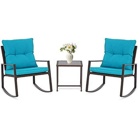 SUNCROWN 3 Piece Outdoor Rocking Bistro Set Black Wicker Furniture Porch Chairs Conversation Sets with Glass Coffee Table, Light Blue