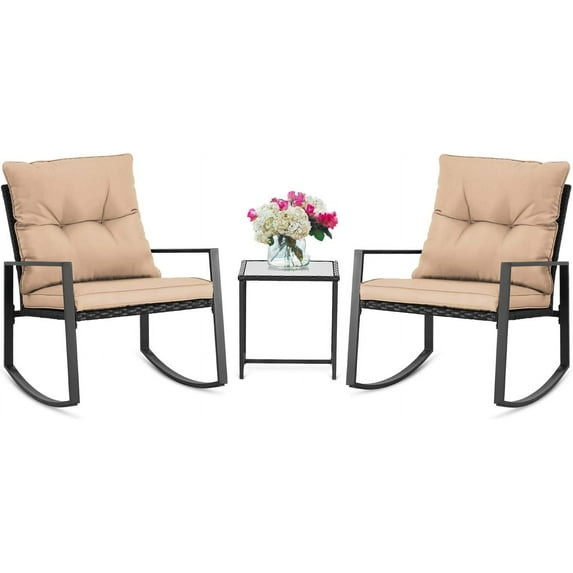 SUNCROWN 3 Piece Outdoor Rocking Bistro Set Black Wicker Furniture Porch Chairs Conversation Sets with Glass Coffee Table, Red