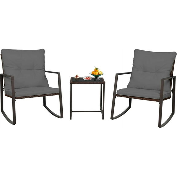 SUNCROWN 3 Piece Outdoor Rocking Bistro Set Brown Wicker Furniture Porch Chairs Conversation Sets with Glass Coffee Table, Dark Grey
