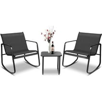 SUNCROWN 3-Piece Outdoor Rocking Bistro Set, Outdoor Furniture Set with Patio Rocking Chairs, and Glass-Top Table, Small Conversation Set of 3 for Porch, Lawn, Garden, Yard, Balcony, Poolside, Black