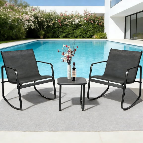 SUNCROWN 3-Piece Outdoor Rocking Bistro Set, Outdoor Furniture Set with Patio Rocking Chairs, and Glass-Top Table, Small Conversation Set of 3 for Porch, Lawn, Garden, Yard, Balcony, Poolside -Black