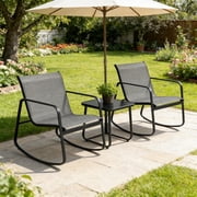 SUNCROWN 3-Piece Outdoor Rocking Bistro Set, Outdoor Furniture Set with Patio Rocking Chairs, and Glass-Top Table, Small Conversation Set of 3 for Porch, Lawn, Garden, Yard, Balcony, Poolside, Grey