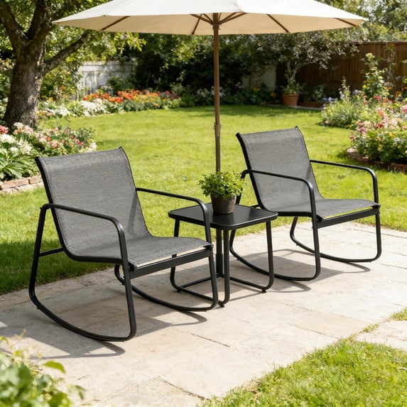 SUNCROWN 3-Piece Outdoor Rocking Bistro Set, Outdoor Furniture Set with Patio Rocking Chairs, and Glass-Top Table, Small Conversation Set of 3 for Porch, Lawn, Garden, Yard, Balcony, Poolside, Grey