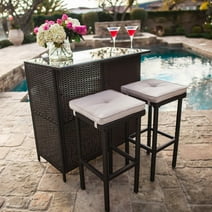 SUNCROWN 3-Piece Outdoor Wicker Bar Set Patio Furniture and Two Stools with Cushions,Brown