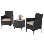 SUNCROWN 3 Piece Patio Furniture Outdoor Bistro Set All-Weather Black Wicker and Glass Side Table with Brown Cushions