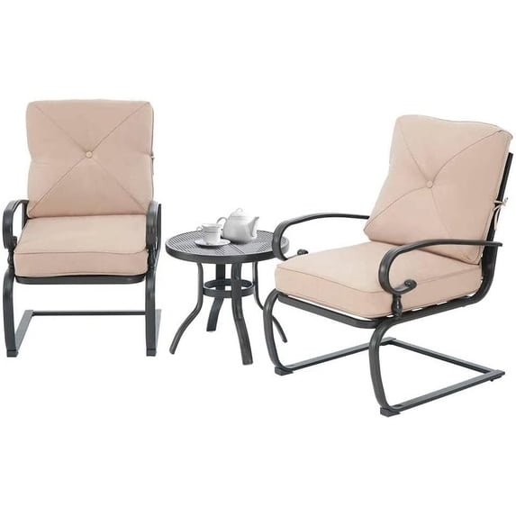 SUNCROWN 3-Piece Patio Furniture Outdoor Bistro Set Spring Metal Lounge Chairs with Patio Bistro Table and Brown Cushions