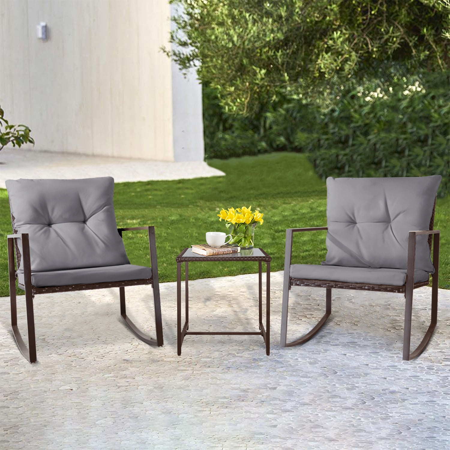 SUNCROWN 3Piece Patio Outdoor Furniture Rocking Bistro Set Brown