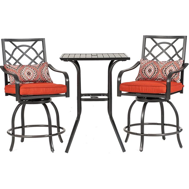 SUNCROWN 3 Pieces Outdoor Bar Set Patio Metal Swivel Chairs and Steel Slat Square Table, Red
