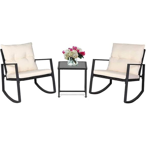SUNCROWN 3 Pieces Outdoor Rocking Chair Set Patio Wicker Rattan Bistro Set Conversation Furniture with Cushions and Glass Coffee Table(Beige)