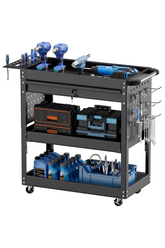 3 tier Rolling Tool Cart with Drawer on Wheel, Multi-layer Storage with Lockable Ball-Bearing Slides for Garage and Warehouse (Black)