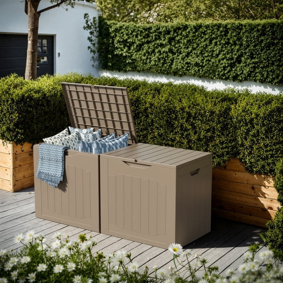 SUNCROWN 35 Gallon Outdoor Patio Resin Storage Deck Box with Handles, Brown