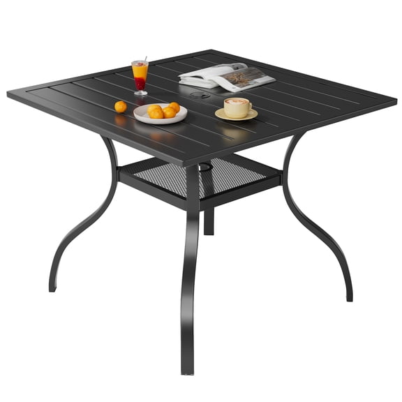SUNCROWN 37" Black Patio Outdoor Dining Table Metal Steel Slat Square Bistro Table for Porch Deck Garden Backyard Poolside, 1.57" Umbrella Hole