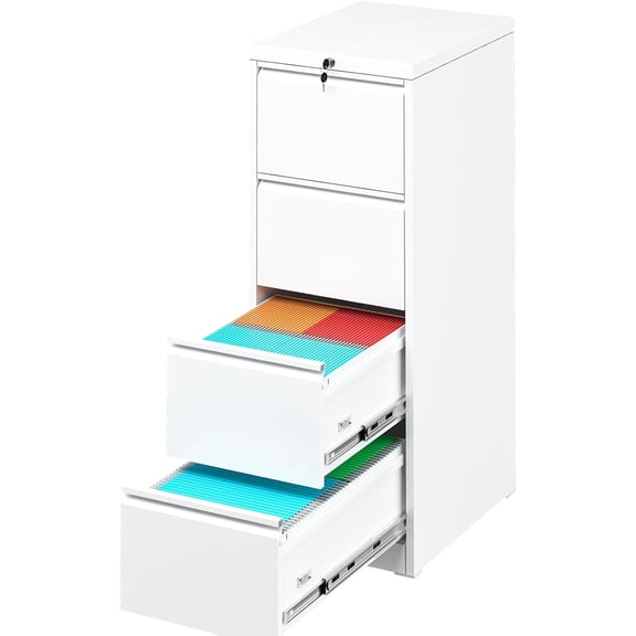 SUNCROWN 4 Drawer File Cabinet, White Vertical Filing Cabinet with Lock, Tall Metal File Cabinets with 4 Adjustable Hanging Frame for Home Office
