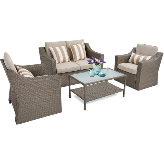 SUNCROWN 4 Piece Outdoor Furniture Patio Conversation Set All-Weather Wicker Chairs, Gray
