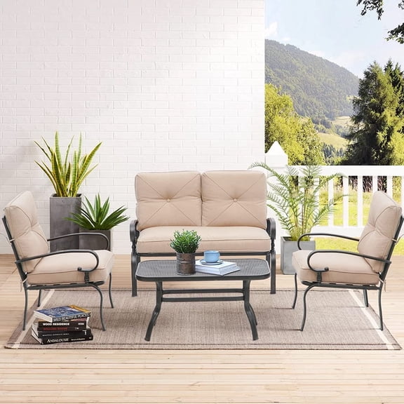 SUNCROWN 4-Piece Outdoor Patio Conversation Set Metal Chairs and Table Set with Loveseat, Brown