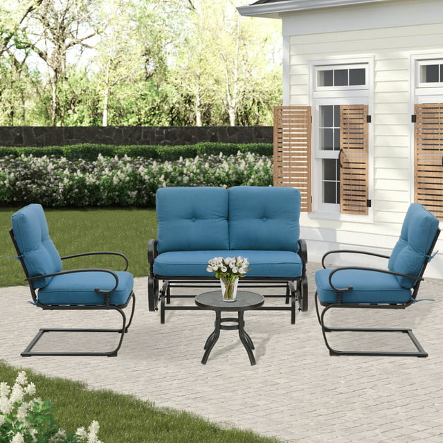 SUNCROWN 4-Piece Outdoor Patio Furniture Set Wrought Iron Conversation Sets, Peacock Blue