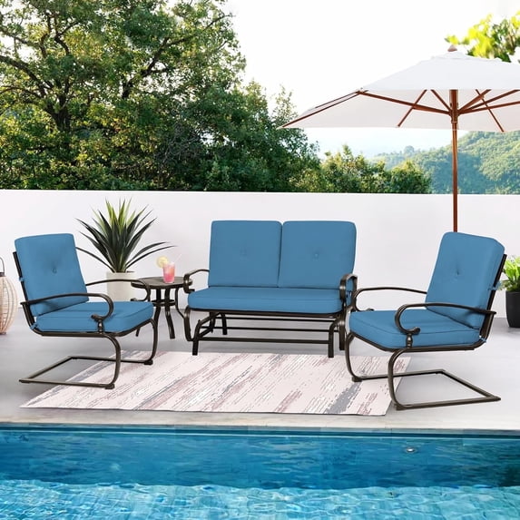 SUNCROWN 4-Piece Outdoor Patio Furniture Set Wrought Iron Conversation Sets, Peacock Blue