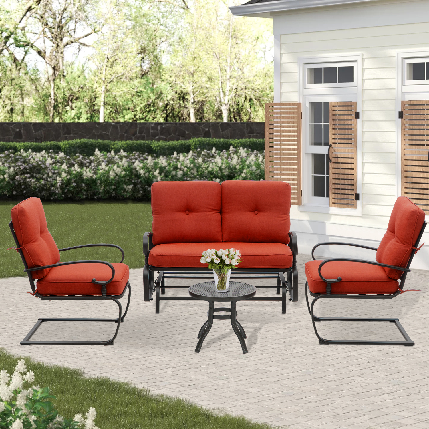 SUNCROWN 4-Piece Outdoor Patio Furniture Set Wrought Iron Conversation Sets, Red - image 1 of 8