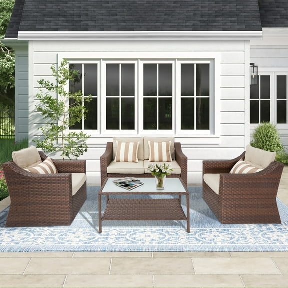 SUNCROWN 4 Piece Outdoor Patio Sectional Set  ,Rattan Wicker Furniture Conversation Set (Brown)