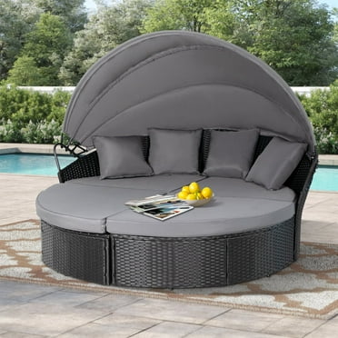 SUNCROWN 4 Piece Outdoor Round Canopy Daybed Black Wicker Patio Furniture Set with Cushions