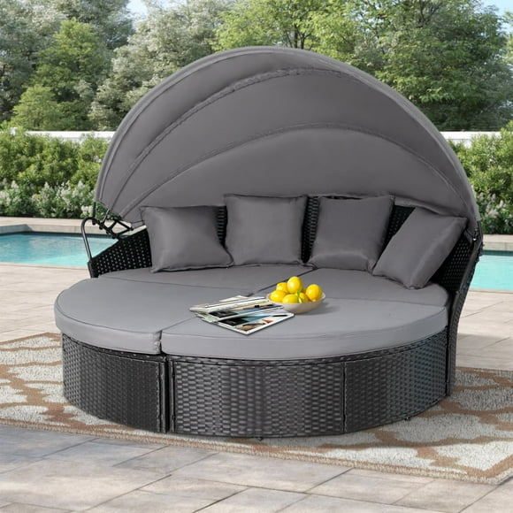 SUNCROWN 4 Piece Outdoor Round Canopy Daybed Black Wicker Patio Furniture Set with Cushions
