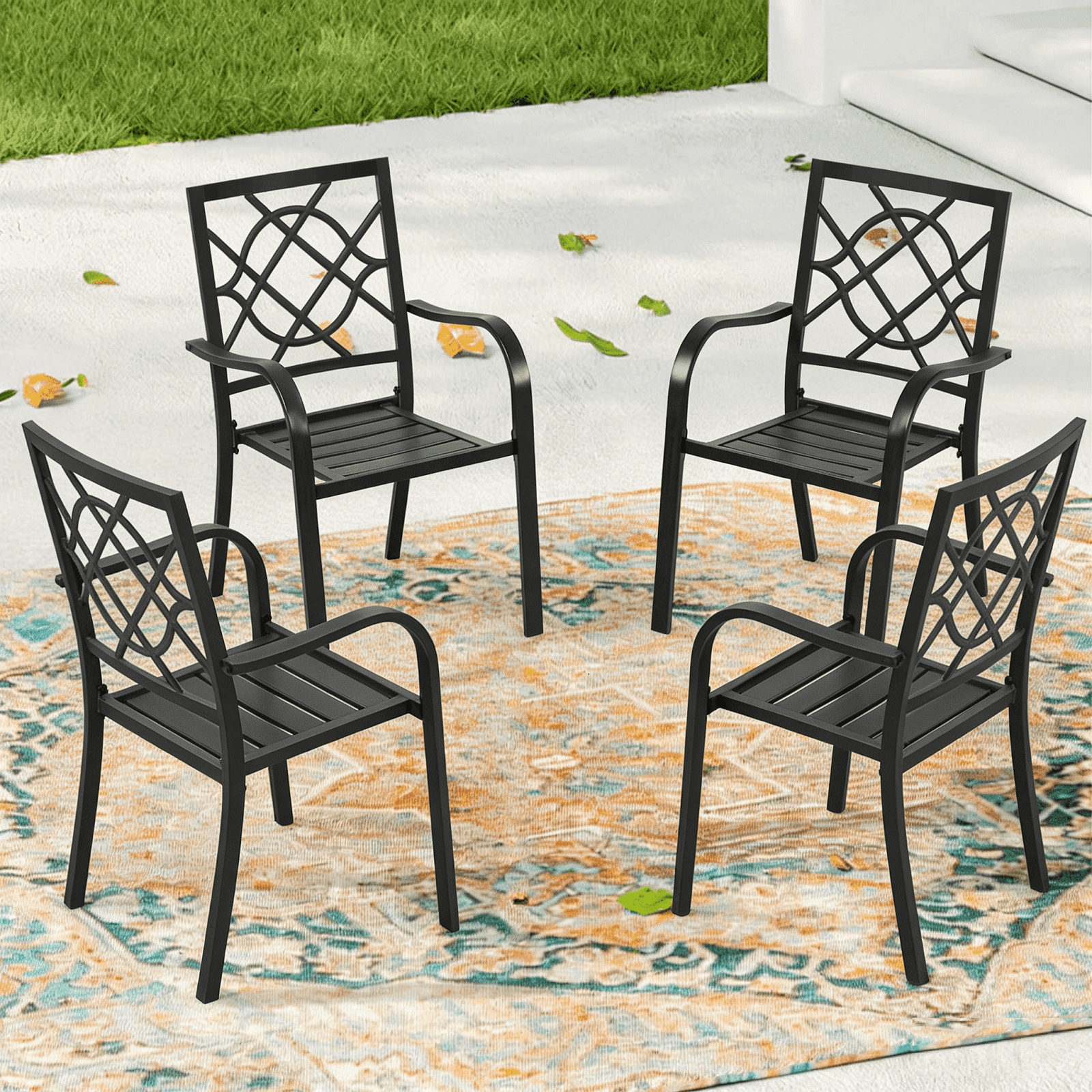 SUNCROWN 4 Pieces Wrought Iron Chairs Outdoor Dining Chairs Patio Metal Stack Chair for Backyard Garden