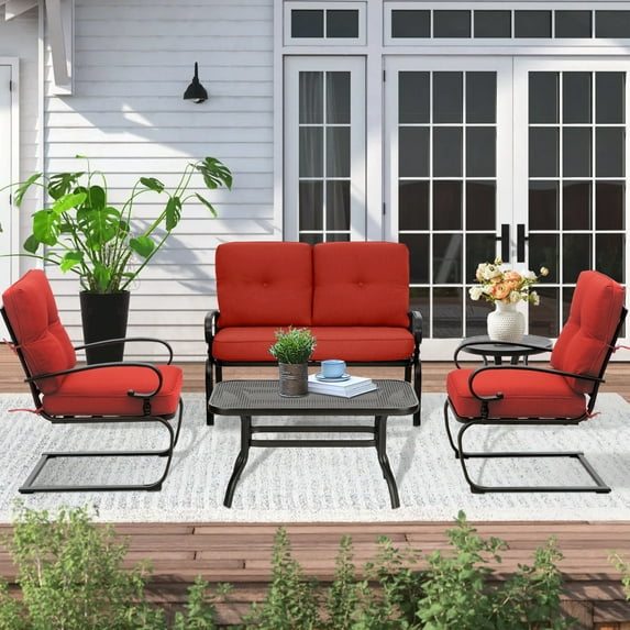 SUNCROWN 5-Piece Outdoor Metal Furniture Sets Patio Conversation Set Loveseat Bench Chairs with Table, Red