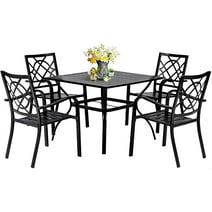 SUNCROWN 5-Piece Outdoor Patio Dining Set Stackable Metal Chairs and square Table Set With 1.57" Umbrella Hole, Black